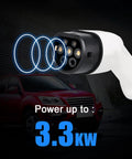 Close-up of charging plug with power output shown on screen, featuring Go Anywhere Level 1 And Level 2 Portable EV Charger With 16 Amp Output