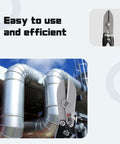 5 Blade Hand Crimper For Sheet Metal And Gutter Work Heavy Duty Crimp Tool in use on stainless steel HVAC ducts outdoors