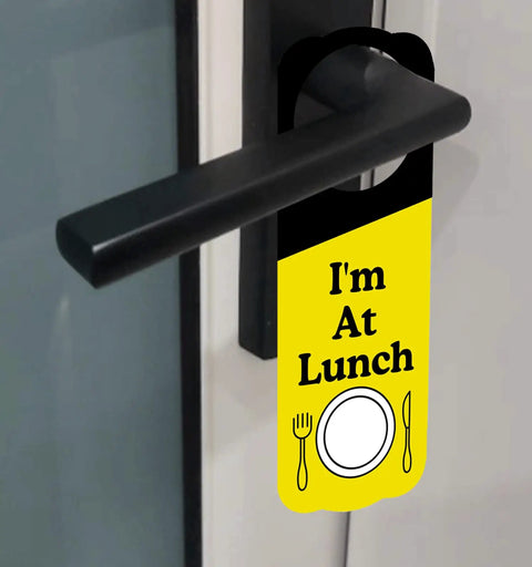 Office Door Hanger Sign Do Not Disturb Double Sided 3.5 x 9.5 Inches Ideal For Do Not Disturb In A Meeting Working From Home Out Of Office BRB Back Soon 8 Pack, "I'm At Lunch" visible on yellow background.