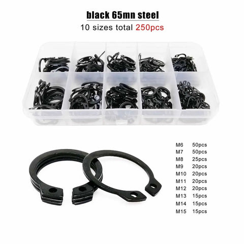 750 Pcs Retaining Rings Assortment Kit M6 To M15 External Circlips Snap Ring Set for Shafts Bearings and Gears Black 65Mn Steel