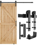 Heavy Duty Sliding Barn Door Hardware Kit In Black, Includes Pull Handle Set And Floor Guide, Fits 34 To 36 Inch Door Panels, shown with wood door