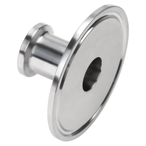 Side view of stainless steel 304 tri-clamp sanitary end-cap reducer, 2 in x 1/2 in