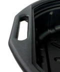 Close-up of handle on Portable Oil Drain Pan With Anti Splash Lip for Clean Oil Changes, heavy duty polyethylene, black finish