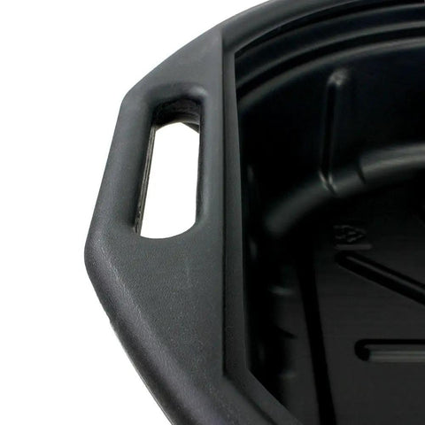 Close-up of handle on Portable Oil Drain Pan With Anti Splash Lip for Clean Oil Changes, heavy duty polyethylene, black finish