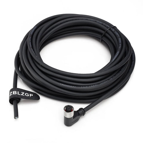 M12 4 Pin Right Angle Female to Open Connector Shielded Sensor Cable coiled with PVC molded shield, 10 meters.