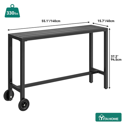 55 Inch Outdoor Bar Table Bar Height Rectangle Narrow Design For Balcony Patio Garden Yard Poolside Black Sturdy Frame With Crossbar Legs Supports Up To 330 Lbs And Ample Legroom, side view with measurements and wheels shown