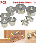 Eight Piece Dowel Center Pin Set For Woodworking With 6mm 8mm 10mm And 12mm Hollow Drill Bit Markers in chrome plated steel.