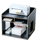 Heavy Duty Wooden Printer Stand For Desktop Slick Two Tier Workspace Organizer With Paper File Storage Eco Friendly Desk Riser showcasing printer, paper, and office supplies.