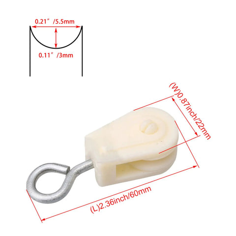 10 Pack White Nylon Hanging Pulleys With Stainless Steel Adjustable Hooks For Home Gym Pulley Systems, DIY Projects, Clothesline, Lifting And Warehouse Use, Versatile Rope And Cable Pulley Gear size diagram, 60mm x 22mm