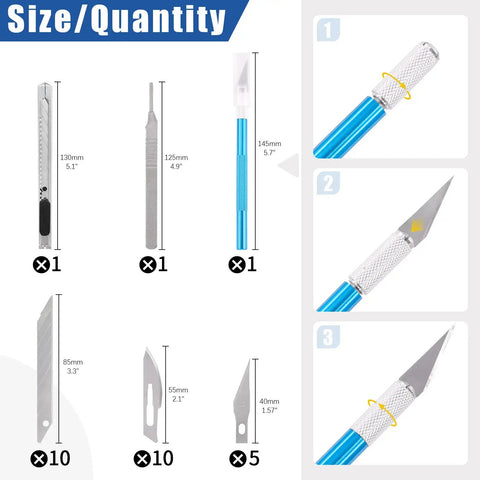 39 Piece Pro Grade Model Tools Kit for Model Building and Hobby Crafting showing knife handle, blades, and file sizes.