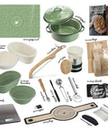 All In One Sourdough Starter Kit With Pot 34 Oz Starter Jar 4 Banneton Baskets Scraper Scale Beginner Guide And Recipes For Homemade Bread Making With Step By Step Guide, Recipe Book, And Pro Tips For Perfect Crust And Fluffy Interior items displayed.