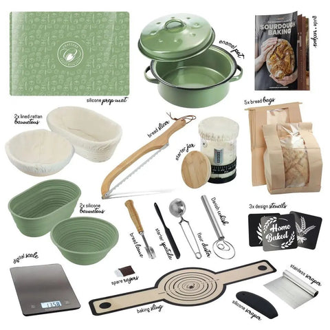All In One Sourdough Starter Kit With Pot 34 Oz Starter Jar 4 Banneton Baskets Scraper Scale Beginner Guide And Recipes For Homemade Bread Making With Step By Step Guide, Recipe Book, And Pro Tips For Perfect Crust And Fluffy Interior items displayed.
