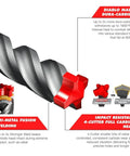 Angled side view of Diablo Rebar Demon SDS-Plus 4-Cutter full carbide hammer drill bit, 3/4 in diameter x 10 in length