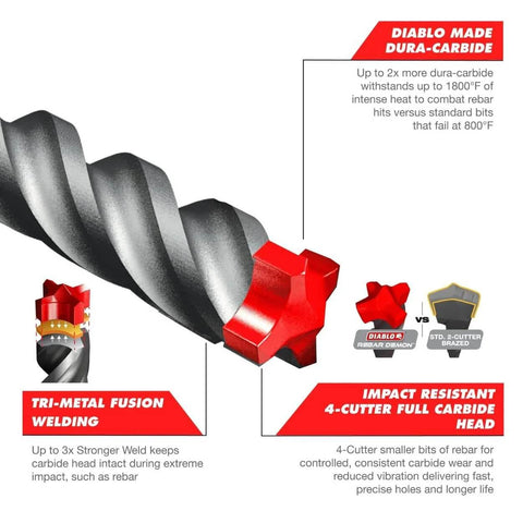 Angled side view of Diablo Rebar Demon SDS-Plus 4-Cutter full carbide hammer drill bit, 3/4 in diameter x 10 in length