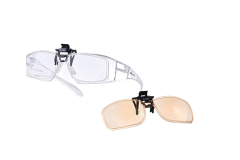 Killer Flip Up Magnifying Safety Goggles Plus Two Point Zero Power With Snap Off Reader Lens For Heavy Duty Workshop Jobs And Home Upgrade Projects No Sweat Eye Protection Gear, clear goggles with snap-on amber lens.