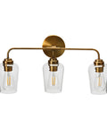 Mid Century Inspired Three Light Vanity Fixture in Brushed Bronze With Metal Base and Snifter Glass Shades, Damp Location Rated
