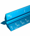 Close-up of blue aluminum 12 Inch Triangular Architect Scale Ruler For Drafting And Blueprints with laser-etched scales