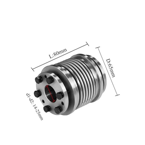 Rock Solid Bellows Coupling Featuring Zero Backlash Drive Shafts And Hella Precise CNC Machined Fit Smooth Power Transmission Sleeve for high gear machinery, measuring 80mm length and 65mm diameter.