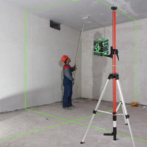 Extendable Laser Level Pole with Telescoping Tripod 12 Feet Tall for Rotary and Line Lasers, red finish, at job site.