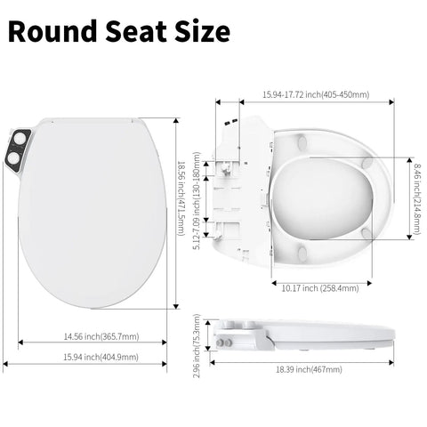 Dimensions of Dual Nozzle Manual Bidet Seat For Round Toilets, Non Electric, No Brainer Quick-Release shown in diagram.