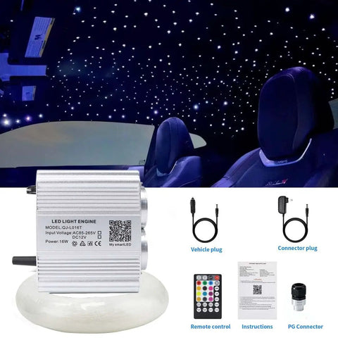 Dual Port 16W Twinkle Starlight Headliner Kit With 700 Fibers, 9.8ft PMMA Optic Cables, RGBW Ceiling Lights for Car