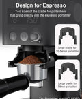 Precision Conical Burr Coffee Grinder With Smart Bluetooth Scale And 31 Adjustable Grind Settings For Home Brewers showcasing espresso cradle sizes.
