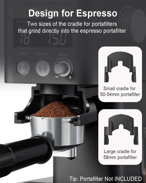 Precision Conical Burr Coffee Grinder With Smart Bluetooth Scale And 31 Adjustable Grind Settings For Home Brewers showcasing espresso cradle sizes.