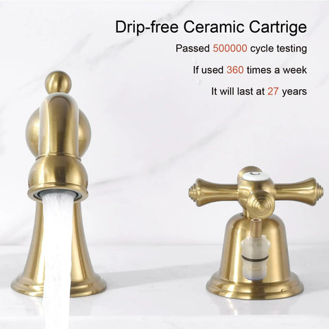 Brushed Gold Widespread Bathroom Faucet 8 Inch 3 Hole With Two Cross Handle Knobs And Drain For Vanity Sink Tap Vintage Classic Style Upgrade Your Bath Game With Long Lasting Shine And Easy Maintenance.