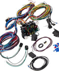 Universal 12V Wiring Harness And Fuse Kit With Plug And Play Connector, 21 Circuits And 17 Fuses, color-coded for easy install.