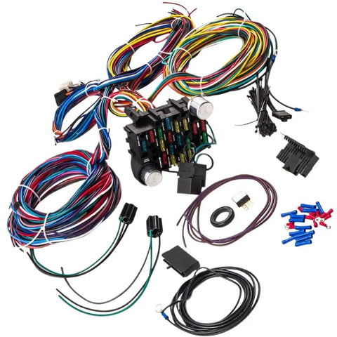 Universal 12V Wiring Harness And Fuse Kit With 21 Pre Terminated Circuits And 17 ATO Fuses Plug Connector For Halogen HID And LED Headlights