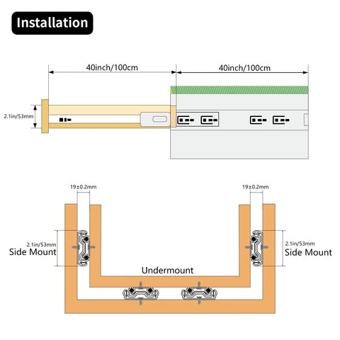Installation diagram of Rugged 40 Inch Drawer Slides Full Extension Ball Bearing Stainless Steel Side Mount Rails 260 Lb Per Pair