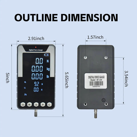 Large Screen Digital Force Gauge 1000N Push Pull Meter With Data Output Real Time And Peak Value Modes First Peak Toggle Dual Kg And Lb Display Screen Flip Function Zero Point Five Percent Accuracy Beast Tension And Compression Tester front and back outline dimensions