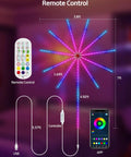Firework RGB LED Strip Lights Kit With 11 Strips Dream Colors, showing remote, app control and dimensions for bedroom decor