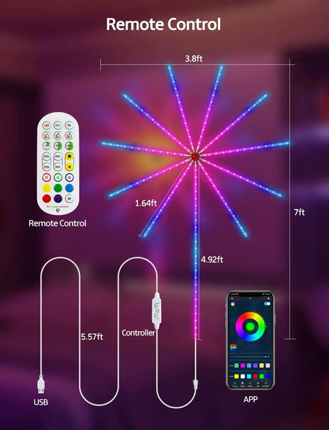 Firework RGB LED Strip Lights Kit With 11 Strips Dream Colors, showing remote, app control and dimensions for bedroom decor