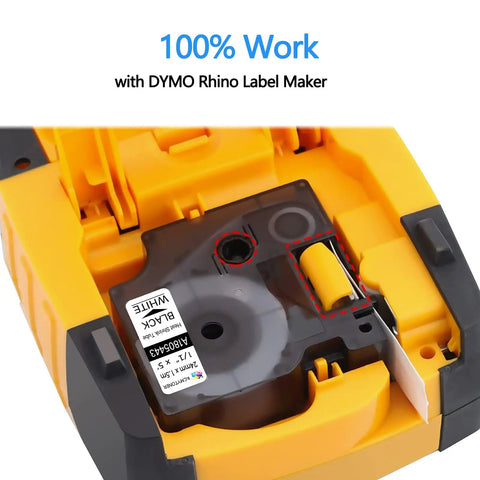 Two Pack Heavy Duty Heat Shrink Tube Labels One Inch Wide giving sharp black prints, shown installed in DYMO Rhino Label Maker.