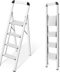 Lightweight Aluminum 4 Step Ladder With Non Slip Pedals And Built In Handrail Foldable Space Saving Step Stool For Kitchen Garage And Home Durable Portable Rust Proof Design For Safer Reaches, folded and open