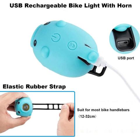 Blue 2 In 1 Kids Bike Lights And Horn Set For Night Rides with USB charging and elastic rubber strap, headlight detail visible.