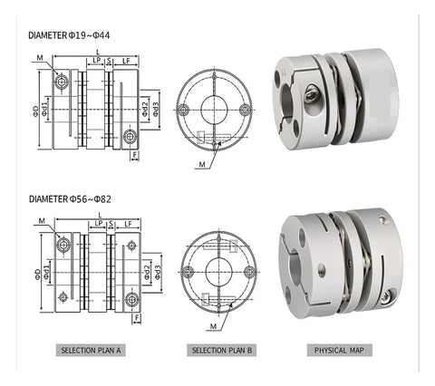Beast Mode Aluminum Double Disc Flexible Coupler Shaft With Stainless Steel Diaphragm dimensions and design schematic for CNC machines.