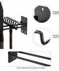 Close-up of Heavy Duty Iron Wall Mounted Tool Rack For Garage And Shop Vertical Hand Tool Organizer showing iron construction and storage.
