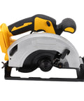 Badass Cordless Circular Saw with 7-1/4 Inch Blade and 5300 RPM Brushless Motor Cuts Hardwood Plywood No Sweat Includes 2 Alloy Steel Blades plus Carry Case for Serious Woodworkers Who Want Power on the Go without any Hassle, showing saw with yellow handle.
