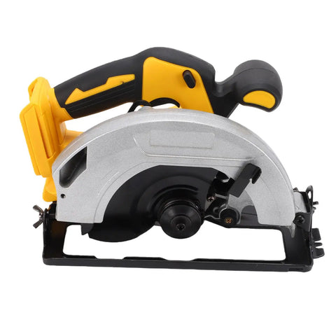 Badass Cordless Circular Saw with 7-1/4 Inch Blade and 5300 RPM Brushless Motor Cuts Hardwood Plywood No Sweat Includes 2 Alloy Steel Blades plus Carry Case for Serious Woodworkers Who Want Power on the Go without any Hassle, showing saw with yellow handle.