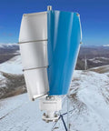 Dead Quiet 12V 3000W Outdoor Emergency Wind Turbine Kit with two-blade blue and white spiral generator in snowy mountains