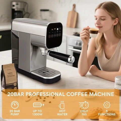 Compact Touchscreen Espresso Machine With Integrated Steam Milk Frother And Programmable Cup Sizing on kitchen counter with a user enjoying coffee.
