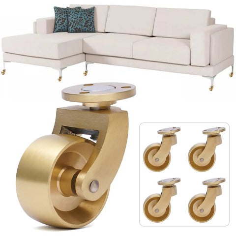 Universal Antique Brass Stem Casters Four Pack showcasing one caster and a modern sectional sofa, ideal for living room furniture.