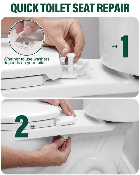 Hella Solid 4 Pack Toilet Seat Screws With Nuts And Washers, Heavy Duty Plastic Bolts shown in use for quick toilet seat repair.