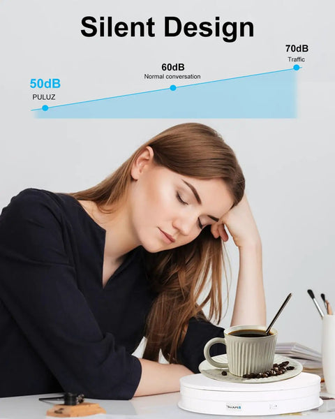 12 Inch Motorized Rotating Turntable Display Stand With 360 Degree Spin For Product Photography shows a woman resting with a coffee cup on the platform.