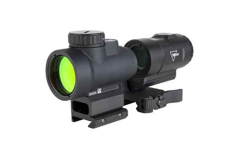 Red Dot Sight With 3x Magnifier And 2.0 MOA Dot, Full Co Witness Quick Release Mount, Q LOC Technology shown on white background