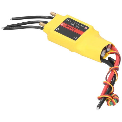 125A Water Cooled Brushless ESC Beefed Up Two Way Forward And Reverse Thrust High Efficiency Speed Controller With Linear BEC 5V 5A For RC Boats And Airships, yellow casing, multiple wires connected