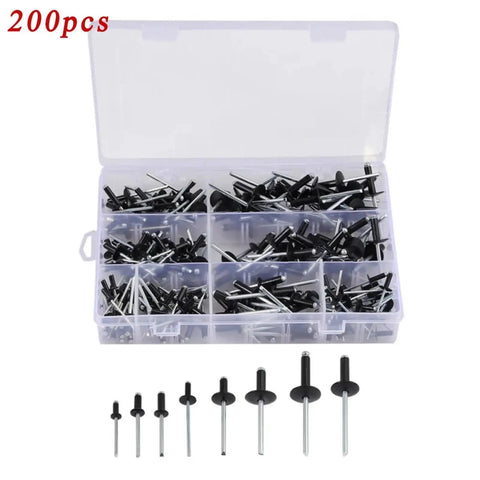 200pcs Assorted Black Blind Rivets Set 8-18mm Multi Grip Hollow Open Rivets For Quick Easy Install And Strong Vibration Resistant Joints On Metal Wood And Plastic. Storage case with assorted black blind rivets, 8-18mm grip sizes