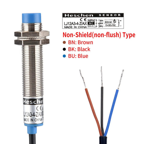 M12 Inductive Proximity Sensor Switch LJ12A3 4 Z AX 4mm Detect Distance 10 to 30 V DC 200mA Output NPN Normally Closed Non Shield 3 Wire Two Pack with 120cm Cable, showing wires and label details